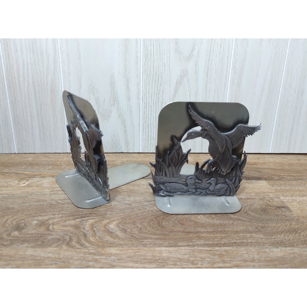 Pewter Metal Mallard Duck Bookends One In Flight Two Swimming‎ Cattails vintage